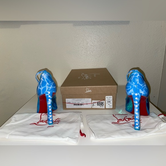 CHRISTIAN LOUBOUTIN DEBOUT CONDORAPIK 100 VINYL & PATENT PUMP LIN BLUE SPLASH - Picture 7 of 13